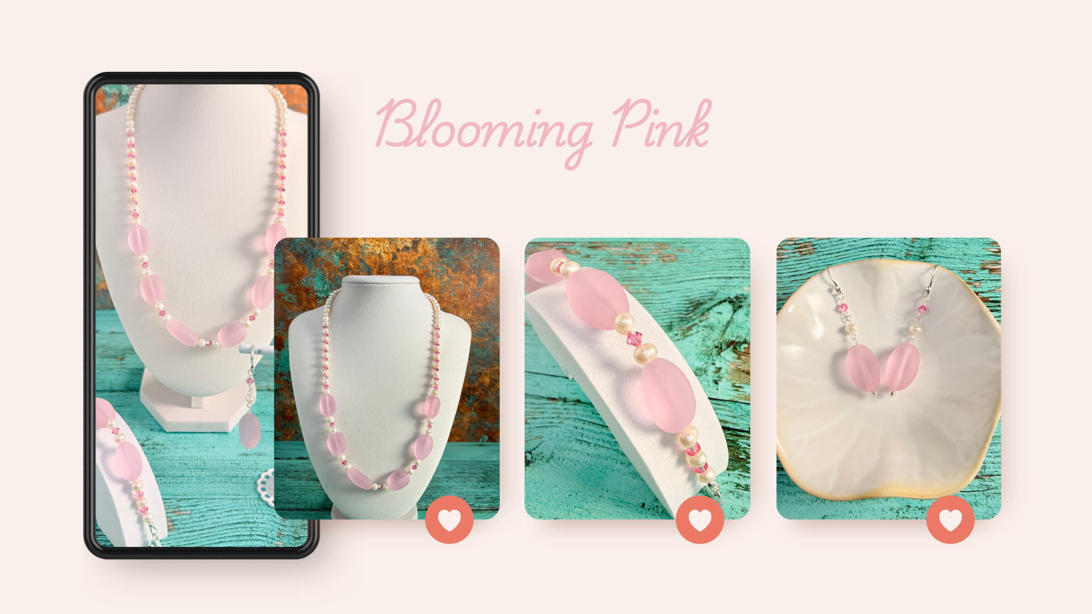 Pink recycled glass & pearl jewelry